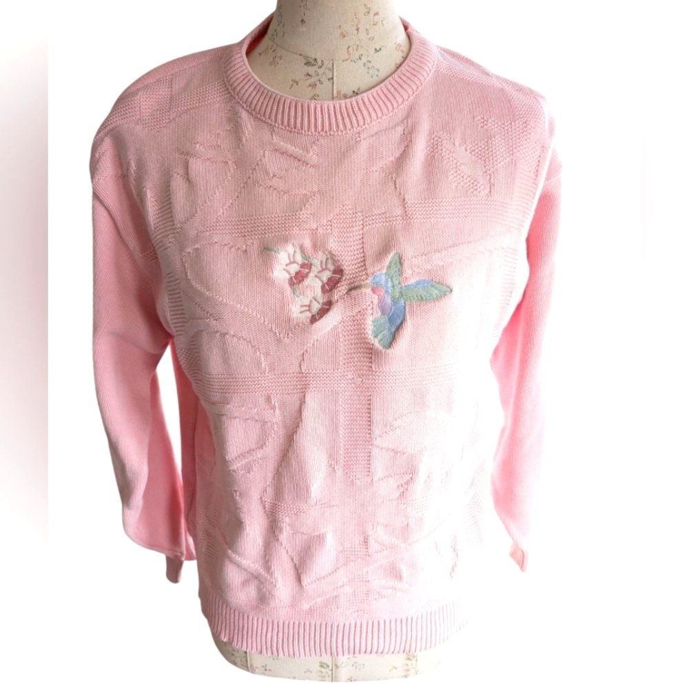 VTG 90s Hummingbird Flower ISLE OF COTTON Retro Sweater Women’s S USA Made, EUC